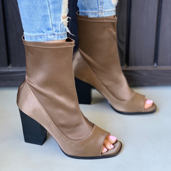 Bronze Sayre Satin Block Heel Sock Ankle Boots - Picture 2 of 8